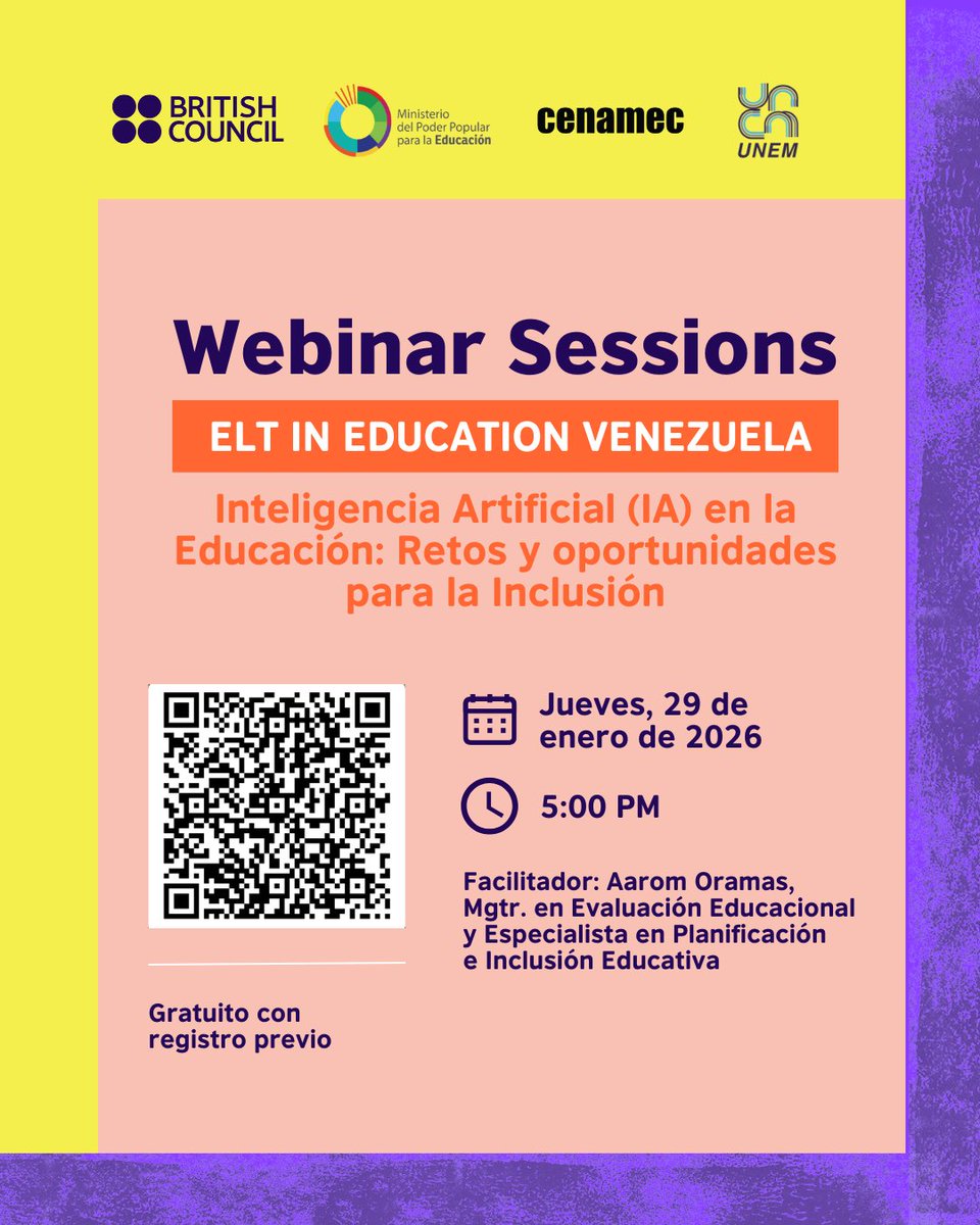 Aprende los conceptos básicos de la IA y su aplicación en educación, su aporte a la inclusión educativa y los principales retos éticos en contextos educativos.

🔗forms.office.com/e/9CWTBNBVVX

#ELT #EnglishLanguageTeaching #ELTinEducationVenezuela #EducaciónInclusiva #FormaciónDocente