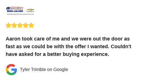 ReedLallierChev's tweet photo. We just received a great review on Google. Thank you Tyler Trimble! https://t.co/Q9K6fQjHIm