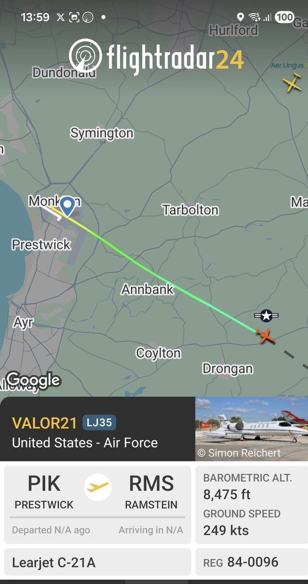 BloodyPolitics's tweet photo. Perhaps a spot of lunch then they're off! USAF Learjet #VALOR21 from Prestwick to Ramstein. ๐ https://t.co/DMh8tW41aQ https://t.co/jsudxbRmdv