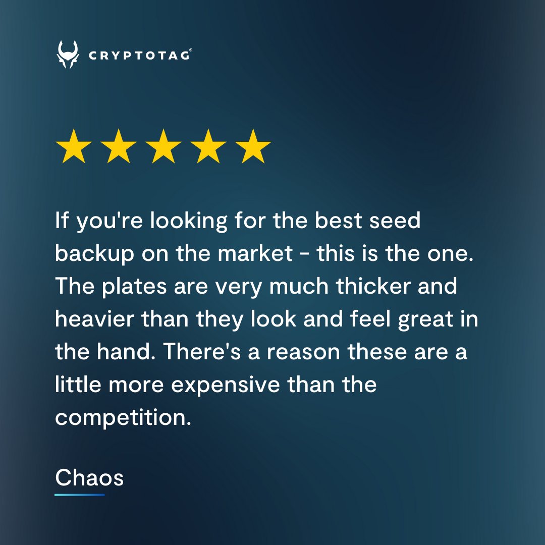 Our plates are made from Titanium and designed for ultimate security and a  premium feel. Choose Cryptotag Zeus for the best experience.