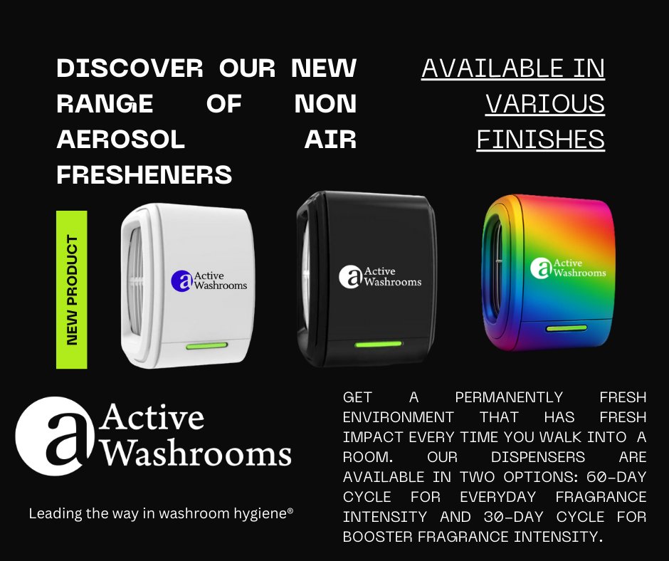 ActiveWashrooms's tweet image. We are delighted to introduce our new range of eco friendly Air Fresheners! Active Pro is a new non-aerosol air freshener unit that is Carbon Footprint Approved.
activewashrooms.co.uk/products-servi… #airfreshener #AirCare #newrange #Sustainable #ecofriendly #LeadingTheWay #ActiveWashrooms