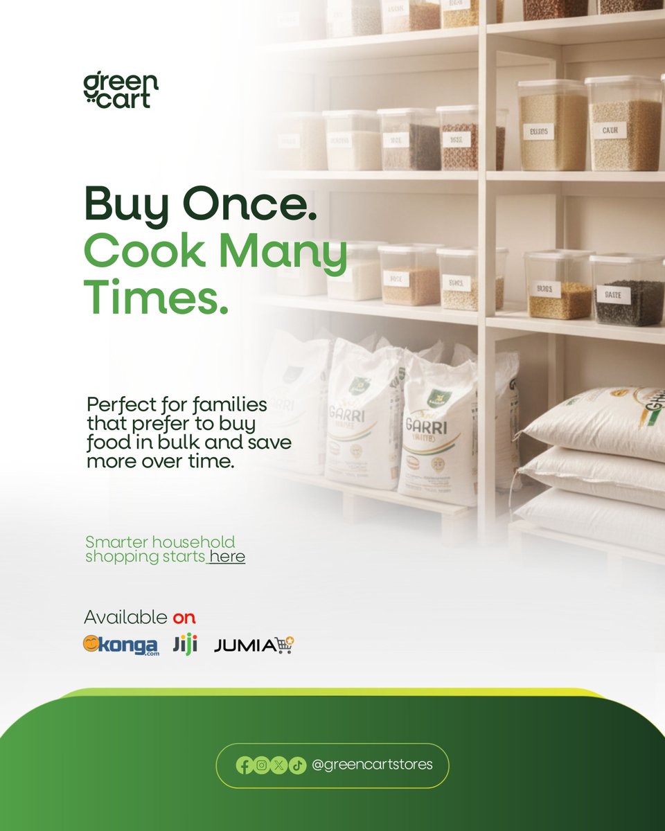 Greencartstores's tweet photo. Buying food in bulk should make life easier.

Stock quality staples once, save more over time, and cook without stress.
GreenCart helps households buy smart and stay prepared.

🛒 Nutragold Garri (25kg &amp; 5kg)
🫘 Nutragold Honey Beans (25kg)

Also on Jumia, Konga &amp; Jiji
#GreenCart https://t.co/TL2yzKtJbE