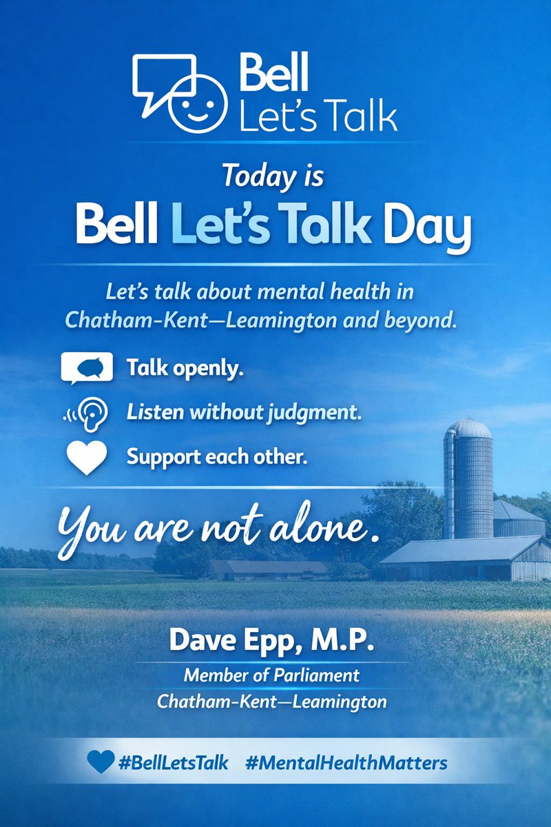 daveeppckl's tweet photo. Today is Bell Let’s Talk Day.

Mental health affects every family, every workplace, and every community, including right here in Chatham-Kent—Leamington.

Let’s keep the conversation going—today and every day.

https://t.co/b5wcAsrSiw https://t.co/EiIQ3IBHRW