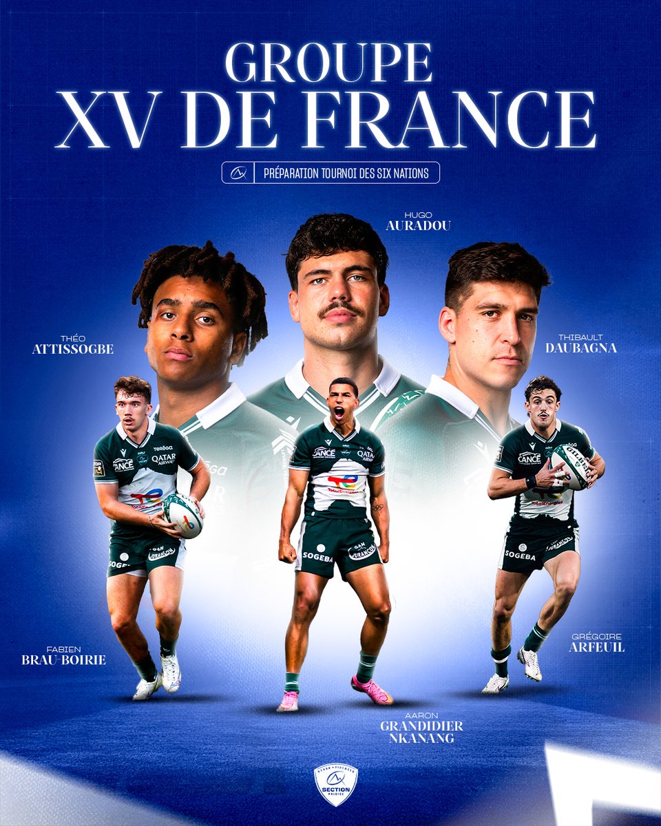 🏉🇫🇷 Six Palois appelés par le 𝐗𝐕 𝐝𝐞 𝐅𝐫𝐚𝐧𝐜𝐞 pour préparer le Tournoi des Six Nations 2026 !

👏 Félicitations à Hugo, Théo, Thibault, Fabien, Aaron et Grégoire ! 

#XVdeFrance #HonhaSection