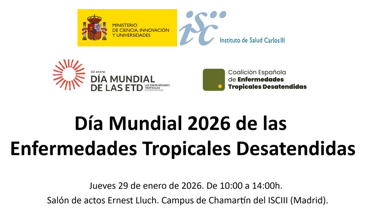 SaludISCIII's tweet image. Se acerca el Día Mundial de las Enfermedades Tropicales Desatendidas #NTDs.

Como cada año, desde el #ISCIII organizamos una jornada científica en torno a este grupo de patologías infecciosas.

📌 29-1 / 10:00h. Madrid

📰 Más información #AgendaISCIII ➡️ isciii.es/w/jornada-d%C3…