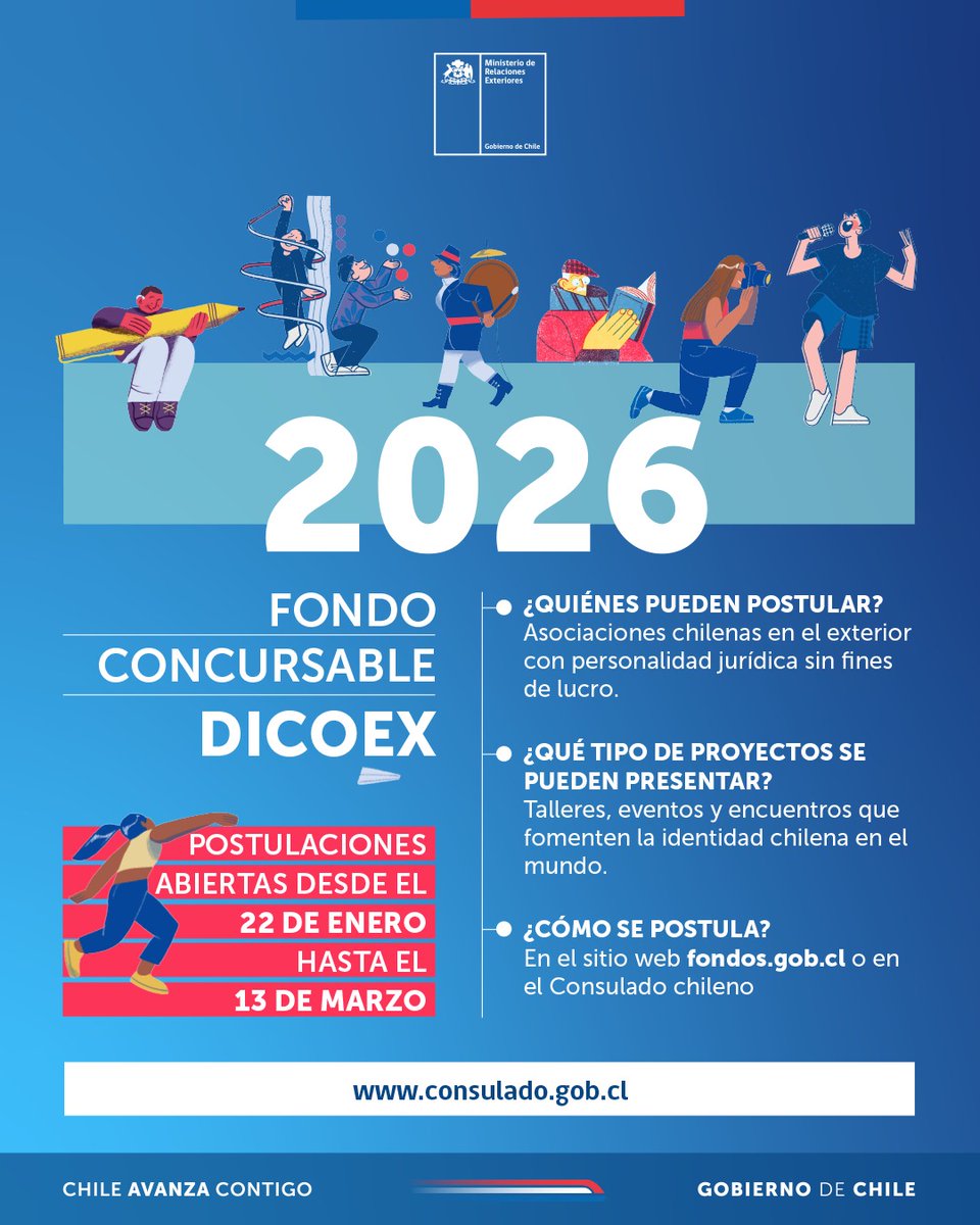 #FondoConcursableDICOEX | 💡
¿Formas parte de una asociación chilena en el exterior?
📣 @dicoexminrel invita a postular proyectos que fortalezcan la identidad chilena en el mundo.

🗓️ Plazo: hasta el 13 de marzo
🔗 Más info 👉 bit.ly/fondodicoex2026