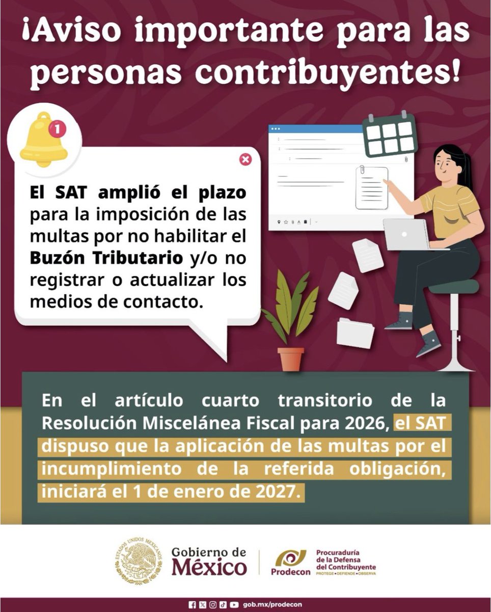 SergioEsquerra's tweet photo. 🆕 Aviso para contribuyentes en México.

El SAT dio prórroga oficial hasta el 1 de enero de 2027 para activar o actualizar tu Buzón Tributario y registrar tus medios de contacto (correo y celular).

Artículo cuarto transitorio de la Resolución Miscelánea Fiscal 2026 (publicada en DOF el 28/dic/2025): las multas por no cumplir (de $3,850 a $11,540) no se aplicarán durante todo 2026.

Pero ojo: el Buzón ya es obligatorio  (salvo excepciones). Mejor hacerlo cuanto antes para recibir notificaciones, evitar problemas futuros y no dejarlo para última hora. Tramita en https://t.co/ZJS0Vfpc3z