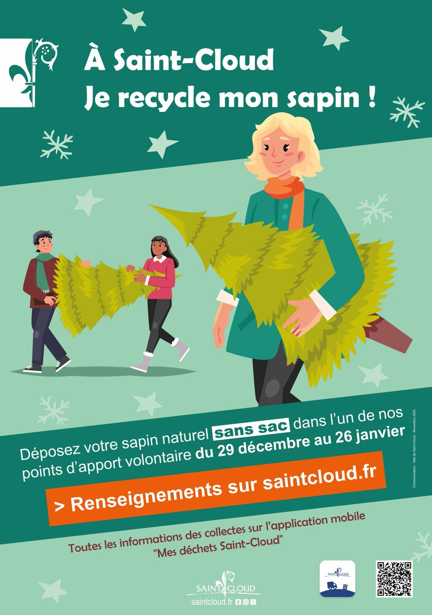 VilleSaintCloud's tweet image. [ DÉVELOPPEMENT DURABLE ] Recyclons nos sapins 🎄♻️
La dernière collecte des sapins de Noël (en porte-à-porte et en points d'apport volontaire) aura lieu lundi prochain, 26 janvier. 

👉 Plus d'infos : saintcloud.fr/actualite/recy…
#développementdurable #recyclage #sapin #saintcloud