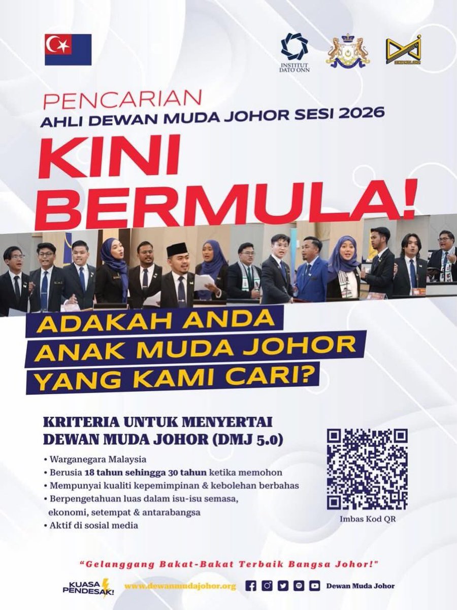 LokeLee's tweet image. Ayuh anak muda negeri Johor!!!
Dewan Muda Johor (DMJ) sedang mencari ahli baharu bagi sesi tahun 2026.

@dewanmudajohor @onnhafiz 
#DMJ #DemiJohorUntukMalaysia #Johor