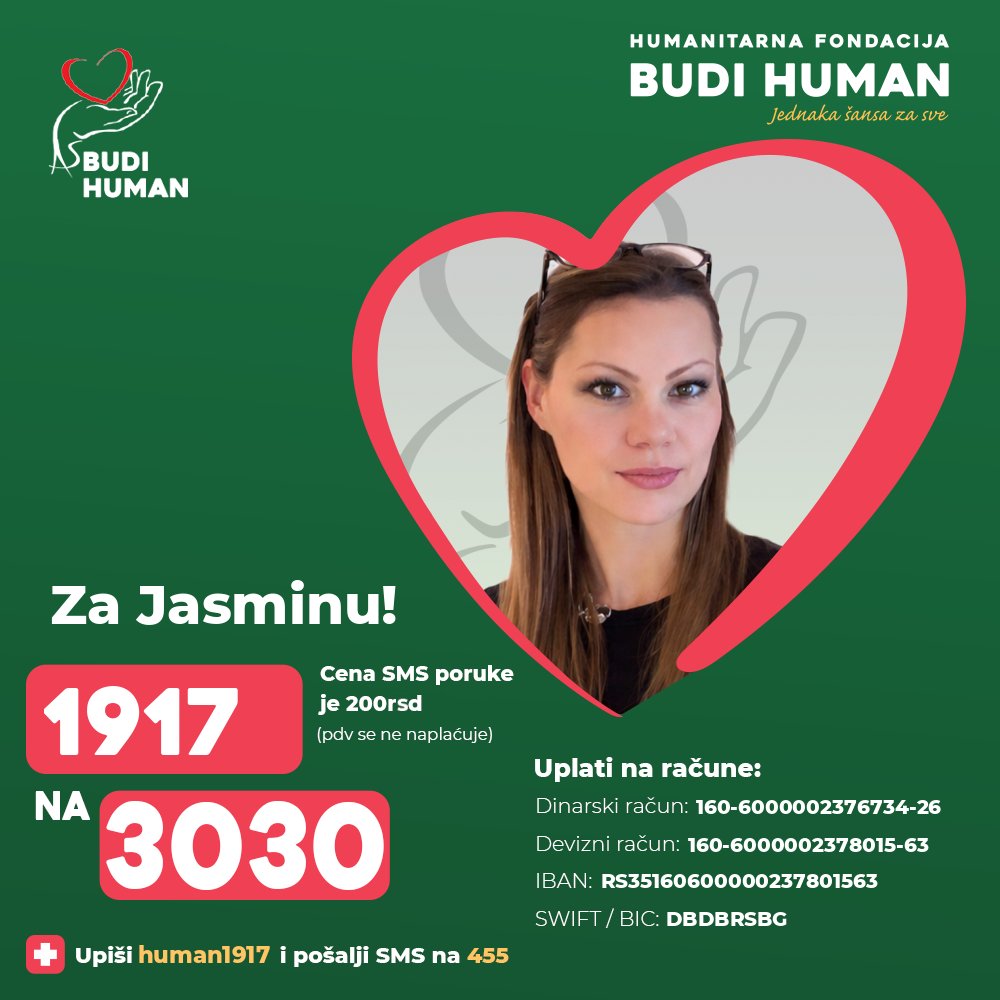 Pomozimo Jasmini!

Upišimo 1917 i pošaljimo SMS na 3030

budihuman.rs/korisnik/1917/…

#budihuman #jednakašansazasve #podeli #jasminanikolić