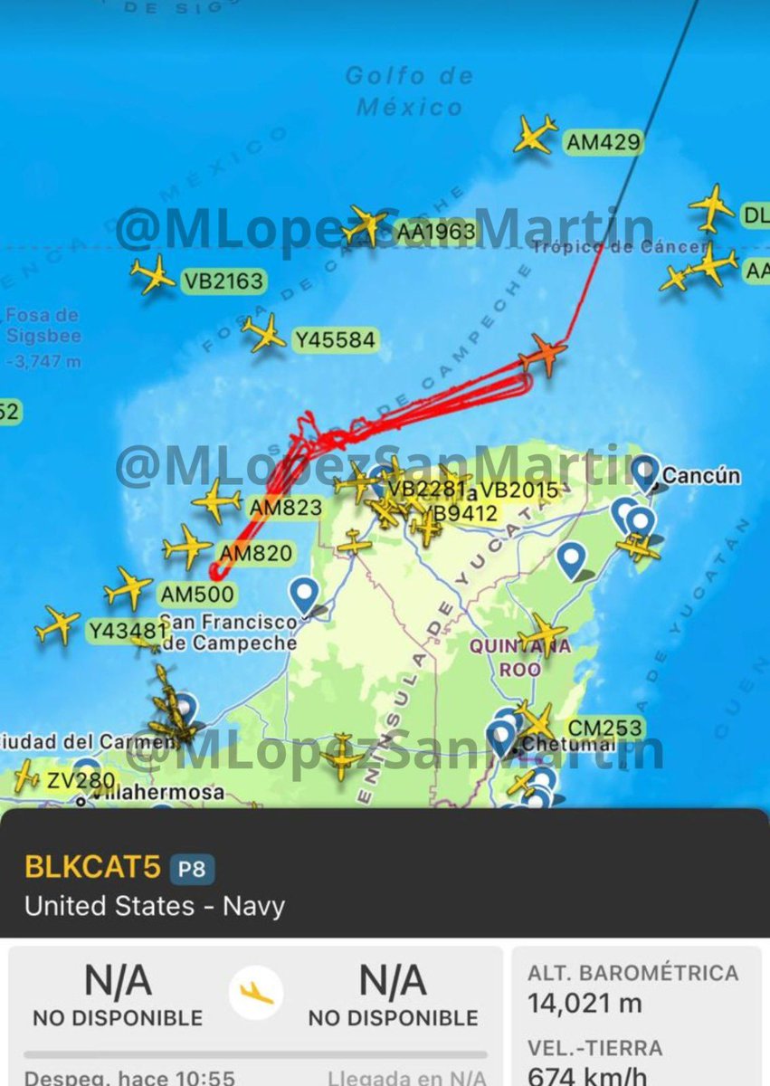 🚨Un avión militar de EU sobrevolando durante varias horas (más de 10) muy cerca de la península de Yucatán

Según sus características, el Boeing P-8 Poseidon puede llevar a cabo misiones de guerra antisubmarina, interceptación de embarcaciones, y ofrecer inteligencia electrónica