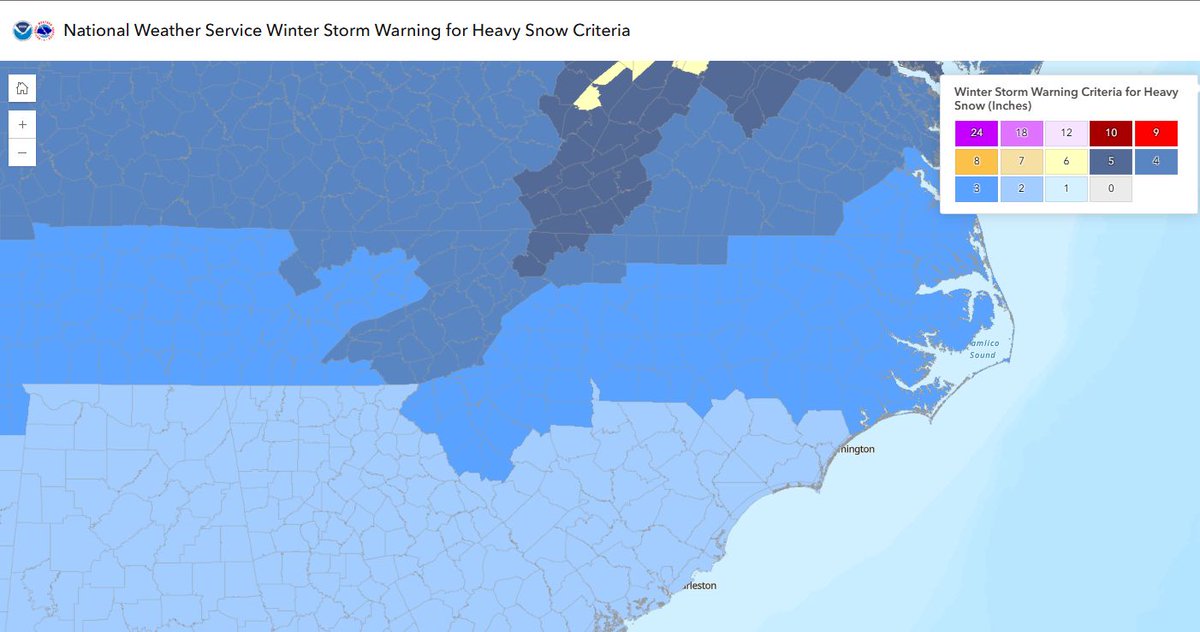 wxbrad's tweet photo. Wednesday, January 21, 2026 | 9:15 AM EST Winter Storm Update.

Here is a look at the latest probability maps for Winter Storm Warnings across the region. It’s important to distinguish between the threat of significant ice versus heavy snow, as the impacts will vary heavily depending on your location.

❄️ Snow Potential (Map 1): The probability of seeing a Winter Storm Warning for snow (3-4"+) is highest (purple areas) across the mountains and the northern foothills. For the metro and points south, the chances drop off significantly.

🧊 Ice Potential (Map 2): This is the concern to watch closely. The probability of seeing a Winter Storm Warning for Ice (0.25"+ accretion) extends much further south and east, covering a large portion of the Piedmont. Remember, it doesn't take much ice to cause travel issues and power outages.
 I’ve also included the NWS criteria map to show you the specific thresholds required to trigger a "Heavy Snow" warning in your specific county. Note how the criteria change as you move from the mountains into the foothills.

Stay weather aware and keep checking back for updates as we fine-tune the forecast.

#cltwx #ncwx #scwx #wcnc #WinterStorm #Ice #Snow #WeatherAware