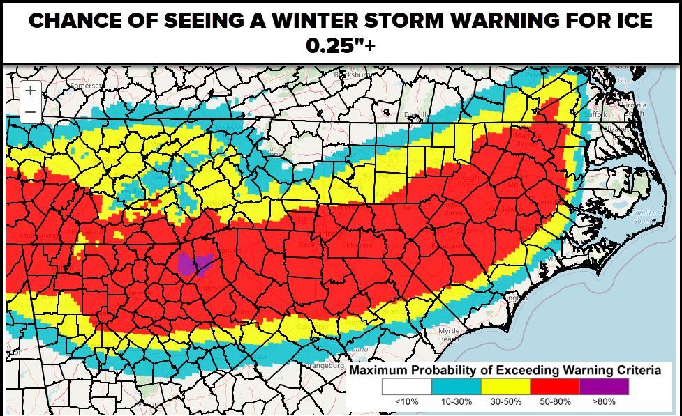 wxbrad's tweet photo. Wednesday, January 21, 2026 | 9:15 AM EST Winter Storm Update.

Here is a look at the latest probability maps for Winter Storm Warnings across the region. It’s important to distinguish between the threat of significant ice versus heavy snow, as the impacts will vary heavily depending on your location.

❄️ Snow Potential (Map 1): The probability of seeing a Winter Storm Warning for snow (3-4"+) is highest (purple areas) across the mountains and the northern foothills. For the metro and points south, the chances drop off significantly.

🧊 Ice Potential (Map 2): This is the concern to watch closely. The probability of seeing a Winter Storm Warning for Ice (0.25"+ accretion) extends much further south and east, covering a large portion of the Piedmont. Remember, it doesn't take much ice to cause travel issues and power outages.
 I’ve also included the NWS criteria map to show you the specific thresholds required to trigger a "Heavy Snow" warning in your specific county. Note how the criteria change as you move from the mountains into the foothills.

Stay weather aware and keep checking back for updates as we fine-tune the forecast.

#cltwx #ncwx #scwx #wcnc #WinterStorm #Ice #Snow #WeatherAware