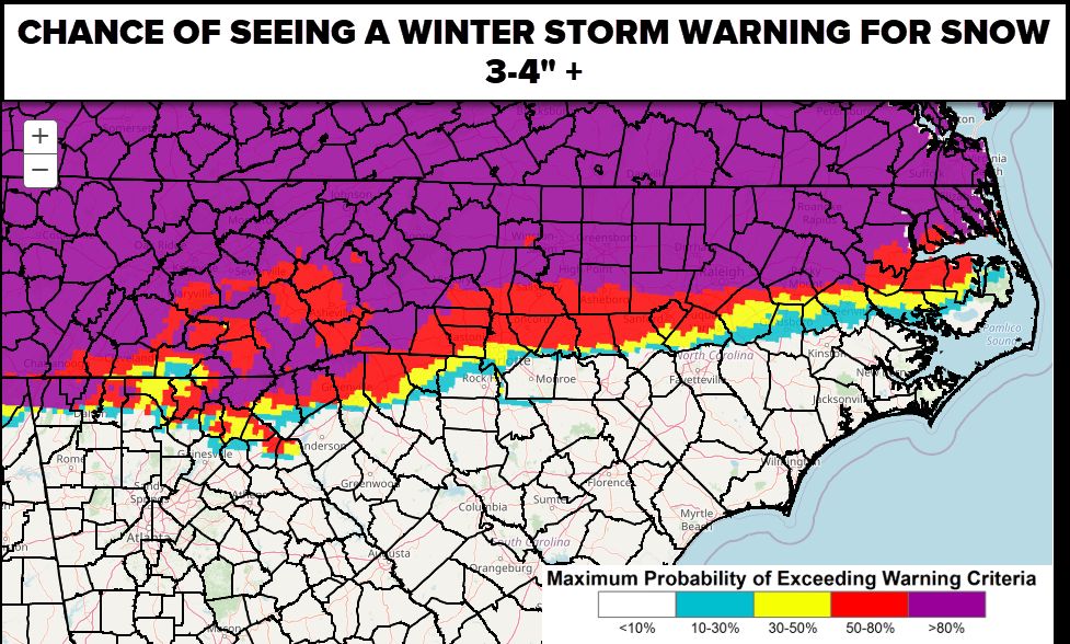 wxbrad's tweet photo. Wednesday, January 21, 2026 | 9:15 AM EST Winter Storm Update.

Here is a look at the latest probability maps for Winter Storm Warnings across the region. It’s important to distinguish between the threat of significant ice versus heavy snow, as the impacts will vary heavily depending on your location.

❄️ Snow Potential (Map 1): The probability of seeing a Winter Storm Warning for snow (3-4"+) is highest (purple areas) across the mountains and the northern foothills. For the metro and points south, the chances drop off significantly.

🧊 Ice Potential (Map 2): This is the concern to watch closely. The probability of seeing a Winter Storm Warning for Ice (0.25"+ accretion) extends much further south and east, covering a large portion of the Piedmont. Remember, it doesn't take much ice to cause travel issues and power outages.
 I’ve also included the NWS criteria map to show you the specific thresholds required to trigger a "Heavy Snow" warning in your specific county. Note how the criteria change as you move from the mountains into the foothills.

Stay weather aware and keep checking back for updates as we fine-tune the forecast.

#cltwx #ncwx #scwx #wcnc #WinterStorm #Ice #Snow #WeatherAware