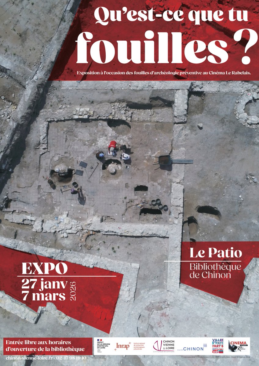 Inrap_ActuCIF's tweet image. [#Exposition] A Chinon, pendant les fouilles de l'@Inrap au cinéma Le Rabelais, venez visiter l'exposition "Qu'est-ce que tu fouilles ?" à la bibliothèque le Patio. Découvrez l'histoire de Chinon ainsi que le métier d'archéologue !  
👉: chinon-vienne-loire.fr/evenements/exp…