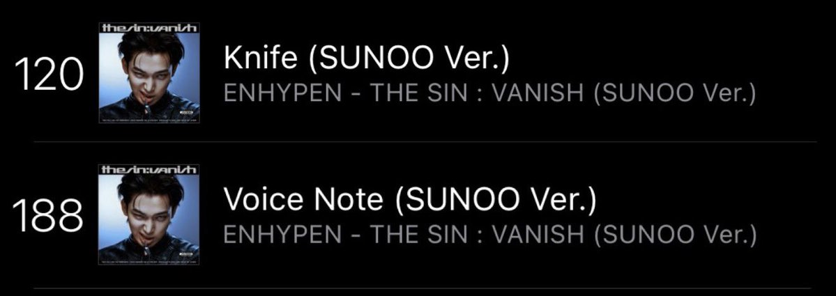 enwaveaus's tweet image. 260122 #iTunes [1:13AM AEDT]

#ENHYPEN's ‘Knife (#SUNOO Ver.) ranks on iTunes’ 'Pop Songs Chart' Australia at #120

and Voice Note (#SUNOO Ver.) debuts at #188 🔥

First member Voice Note to debut on the chart! 

#엔하이픈 #ENGENE #ENHYPENAU #ENWAVEAUS #StreamTeamAU #EN_Knife…