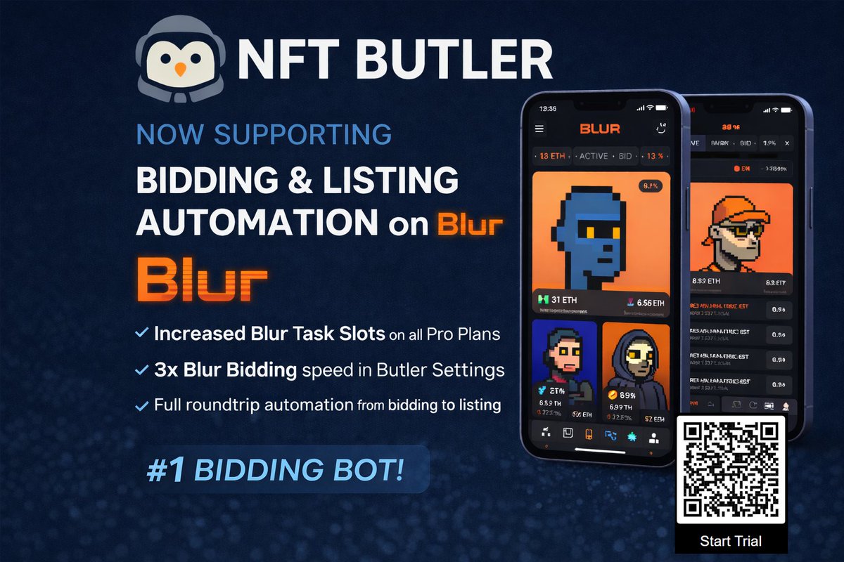 🐧Pushing Blur Bidding capacity!🐧

Increasing number of running CTO Task Slots:
- Lite: 10 → 25
- Lite Pro: 50 → 100
- Elite Pro: 200 → 300

🕮 Docs → docs.nftbutler.io/nft-butler/fea…

🔗 Start your free trial → discord.com/invite/nftbutl…

#NFTButler #Blur #NFTBidding
