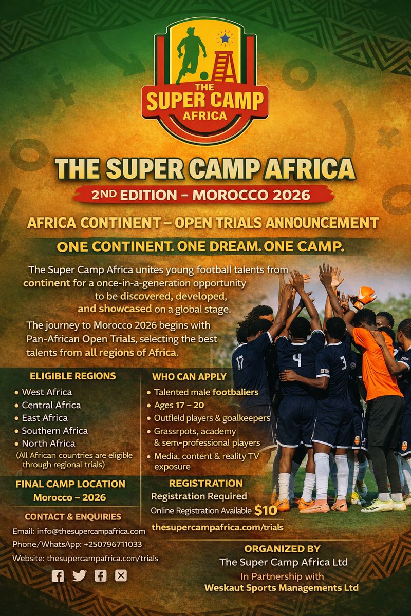 ONE CONTINENT. ONE DREAM. ONE CAMP. 🌍⚽
The journey to Morocco 2026 begins now!
 The Super Camp Africa – 2nd Edition is OPEN for Pan-African Trials.
👤 Male players | Ages 17–20
🌍 All African countries
📝 Register ($10): thesupercampafrica.com/trials
#TheSuperCampAfrica #AfricaToWrld