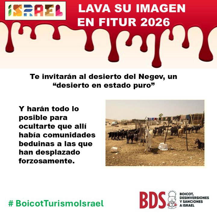 BDSMadrid's tweet photo. ��� 🎒  Israel intenta lavar, una vez más su imagen, esta vez en la Feria de Turismo #Fitur
Este estado genocida tiene estas y otras muchas atrocidades que ofrecer.
👊 Si vas a Fitur ¡hazles ver lo que piensas! 📍Stand 4C05 Pabellón PO4
#BoicotIsrael
#PalestinaLibre 🇵🇸 🌳 https://t.co/5c8TzcD1zo