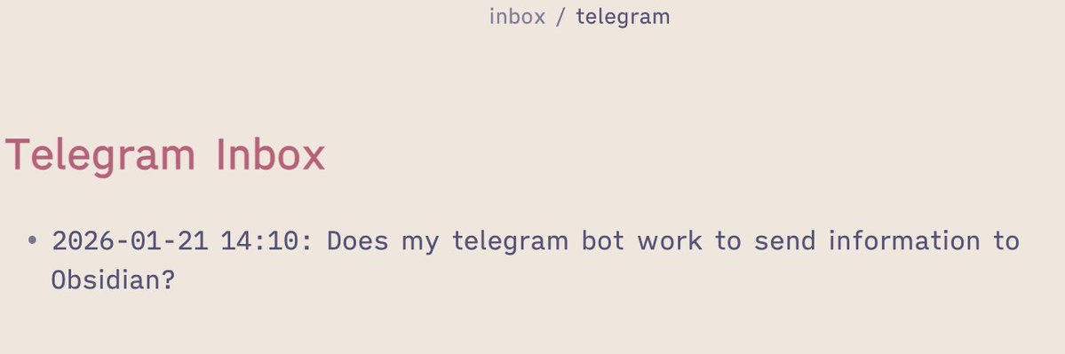 EleanorKonik's tweet image. I wanted an easy quick capture system for Obsidian that felt natural, like chat. 

So I asked Claude &amp;amp; it suggested @telegram because it has a good bot system. I set it up, super easy, &amp;amp; asked Claude to build me an Obsidian plugin to copy to my inbox. 

It worked after 1 bugfix.