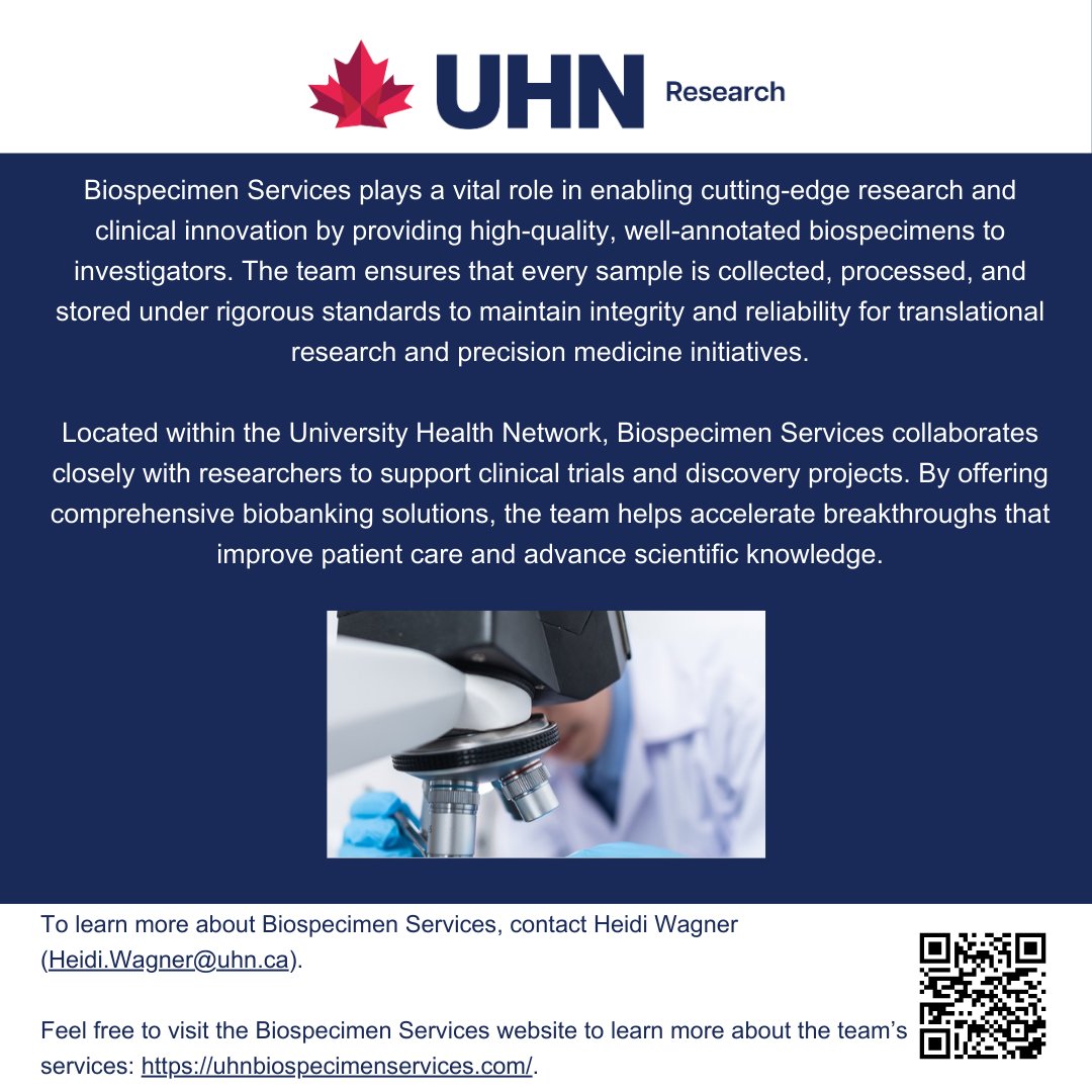 Biospecimen Services plays a vital role in advancing research and clinical innovation by providing high‑quality, well‑annotated biospecimens to investigators. The team helps accelerate discoveries that improve patient care.
uhnbiospecimenservices.com

<a href="/UHN_Research/">UHN Research</a> <a href="/uhntrainees/">The Office of Research Trainees (ORT) at UHN</a>