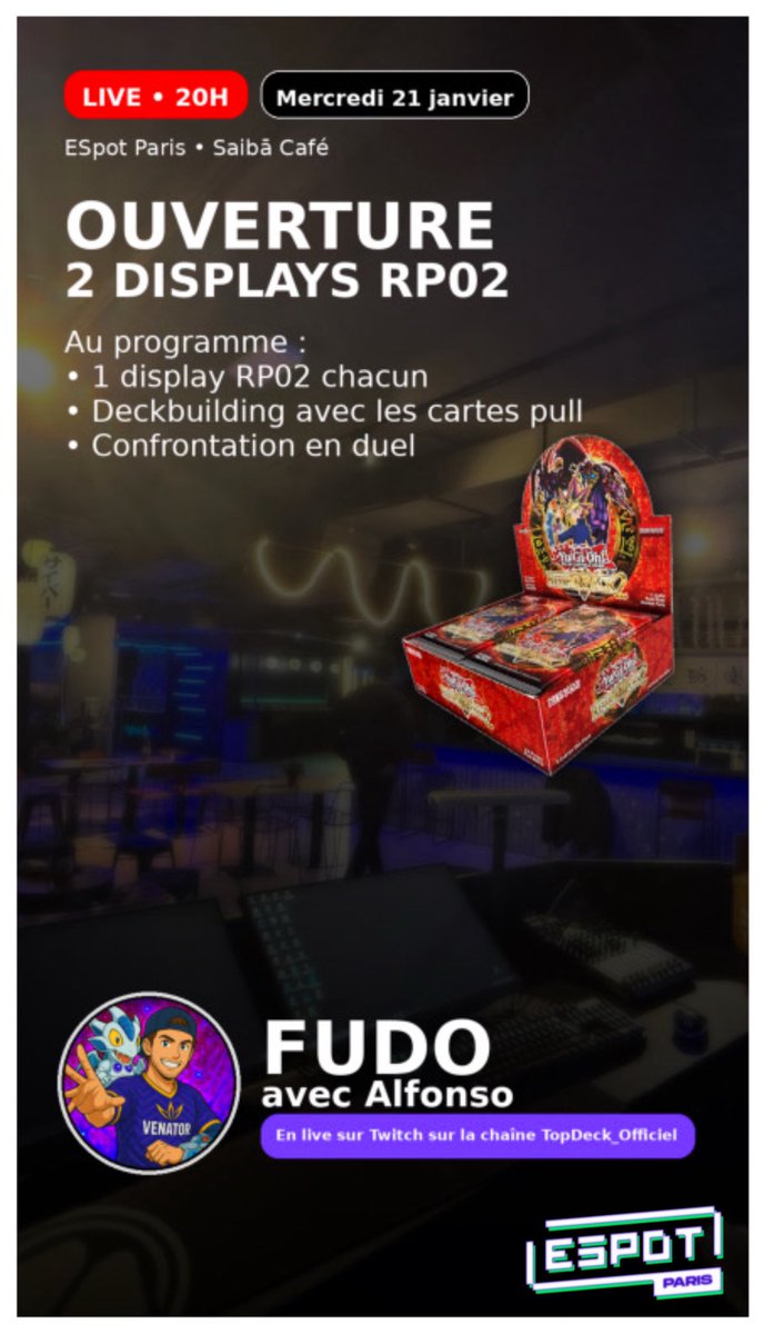 Live à <a href="/espotparis/">ESpot</a> a 20h sur la chaîne TopDeck_Officiel 🔥

Lien du live : twitch.tv/topdeck_offici…

Abonnez vous à la chaîne pour ne pas rater le live !🔔