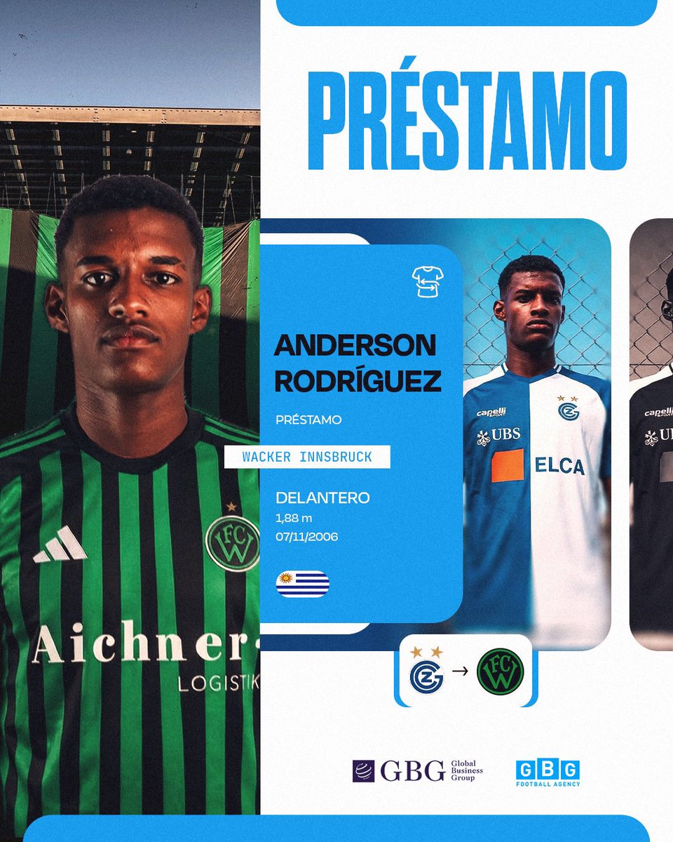 Anderson Rodríguez fue vendido al Grasshoppers 🇨🇭 y cedido a préstamo a Wacker Innsbruck 🇦🇹

Llega al club austríaco tras su etapa en @racingcluburu y dar el visto positivo en las pruebas realizadas al término del 2025.

𝐆𝐁𝐆 𝐅𝐨𝐨𝐭𝐛𝐚𝐥𝐥 𝐀𝐠𝐞𝐧𝐜𝐲 | #𝗚𝗕𝗚𝗣𝗹𝗮𝘆𝗲𝗿