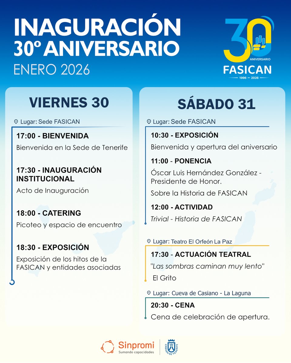 Compartimos la programación para el día 30 y 31 de Enero. Nuestro acto de inauguración para el 30 Aniversario.

¡Nos vemos el día 30!

Nota: Para las actividades, hay que inscribirse en este enlace:

fasican.org/acto-de-apertu…

🟦🟨