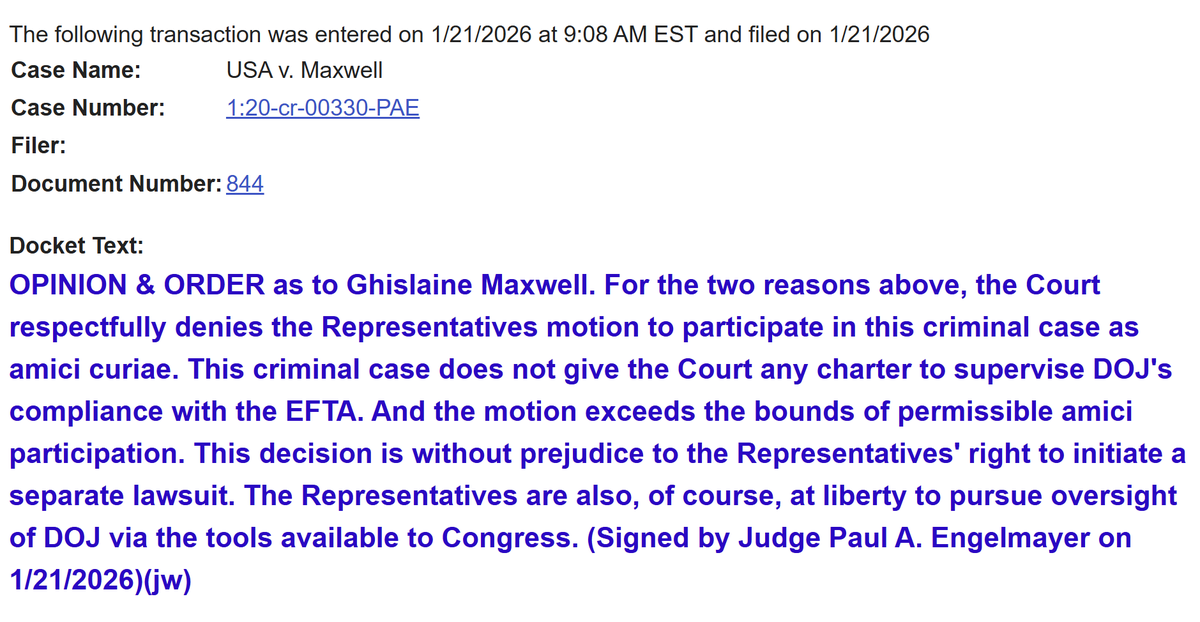 innercitypress's tweet photo. Meanwhile @SDNYLIFE Judge Engelmayer denies participation to @RepThomasMassie & @RoKhanna in US v. Ghislaine Maxwell criminal case, says without prejudice to them filing "a separate lawsuit" or using "the tools available to Congress." #MaximumMaxwell https://t.co/d7F2d7GzqG
