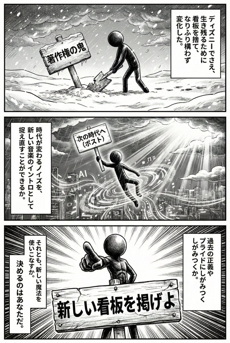 _596_'s tweet photo. ここからがビジネスの面白いところです。 

ディズニーはただ降伏したわけではありません。
ディズニーはOpenAIの「弱点」を突きました。

OpenAIといったAIは技術こそ最強ですが、
「学習データが違法ではないか？」という
疑惑（ブラックボックス）を常に抱えていた。 

大手企業は「泥棒AI」を使うリスクを恐れて、
SoraといったAI生成ツールを業務採用できない。

そこでディズニーは囁いたのです。 

「ウチの真っ白で正規な
『ホワイトデータ』をあげるよ。その代わり……」

ディズニーの正規コンテンツを学習させることで、
Soraは「泥棒由来の怪しいツール」から、
「ディズニー公認のエリートAI」へと
生まれ変わります。

これを私は
「データのホワイトニング（洗浄）」と呼んでいます。

OpenAIが欲しかったのは1500億円の現金ではなく、
この「ディズニーのお墨付き」という
最強の免罪符だったのです。

「あのディズニーが認めたAIツール！」

これから首を縦に振らなった企業も
縦に振る可能性があるからです。

この提携は、私たちに
１つの教訓を突きつけています。 

「過去の正義やプライドが
生存の邪魔になるなら、即座に捨てろ。」

「そんなもの腹なんて満たせん。実利を取れ。」

プライドや思想などで腹は膨れない。
そんな残酷な現実です。

（続く３