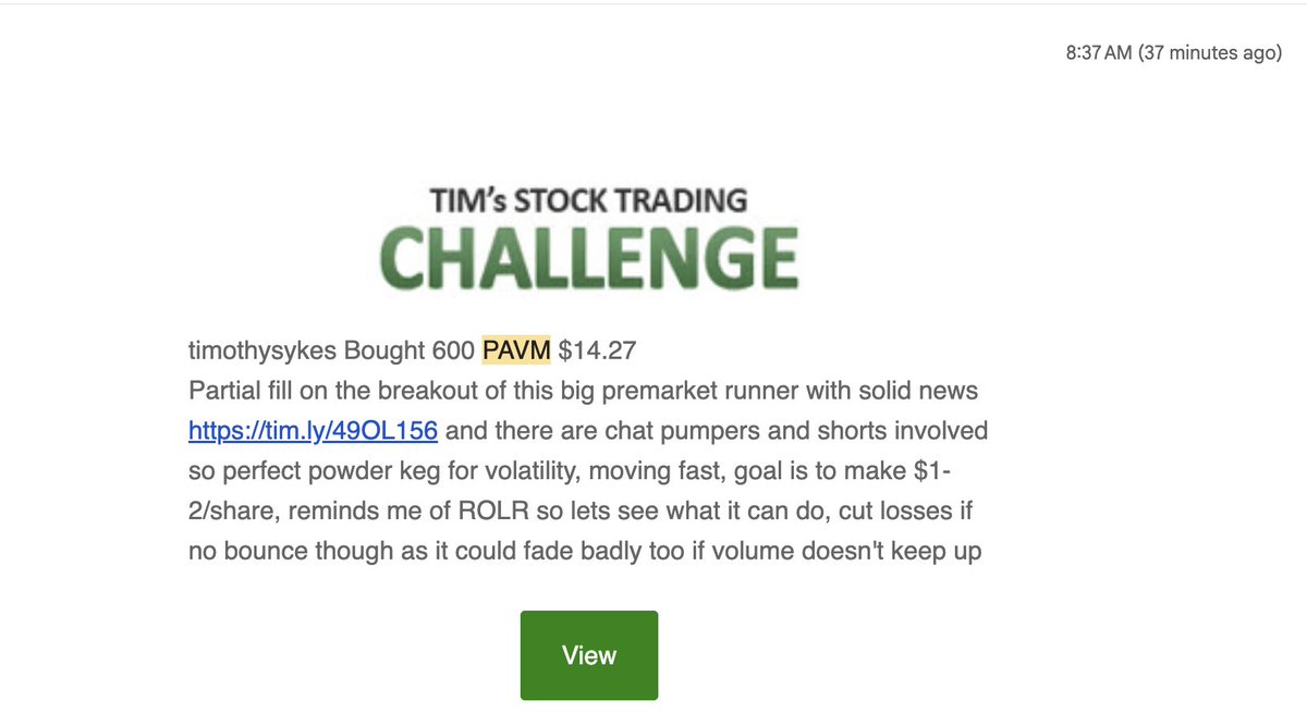 StocksToTrade's tweet image. Massive Winner: $PAVM called out by @timothysykes 🚀

Tim alerted a buy entry on $PAVM at $14.27. 
$PAVM climbed over $5 per share, reaching highs of $19.90 for a clean +40% gain.

Congratulations, all tim.ly/sykeschallenge who capitalized big on @timothysykes alert!! 📈