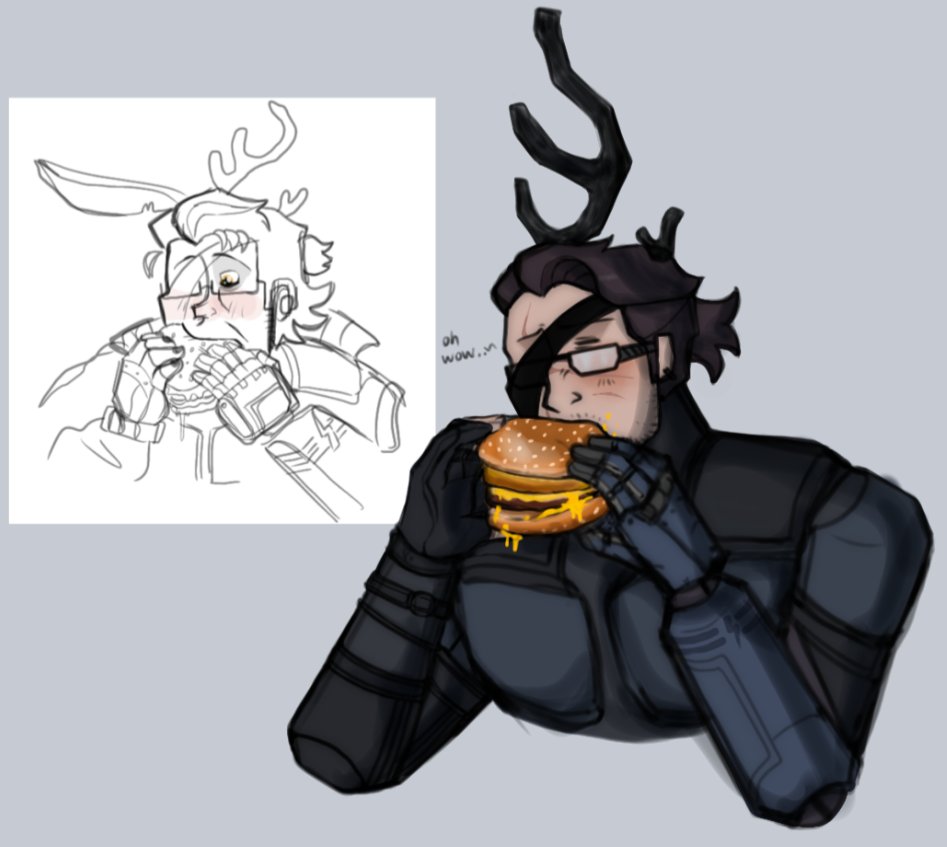 im sick as shit and busy in classes but ive been thinking of my spoof mgs oc recently

heres a dumb redraw from 2023, say hi to buck boss