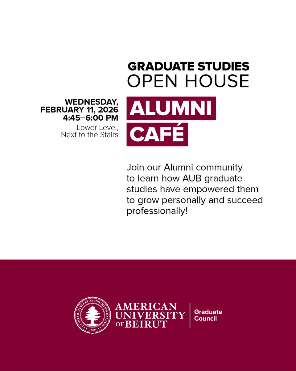 AUBGradCouncil's tweet photo. Want to know what it's like to be an AUB alumni? Learn more from those who experienced it first hand! Pass by our Alumni Cafe during the Graduate Studies Open House! ๐โจ
Register here: https://t.co/idb32XbfIG
#AUB #AUBVibes #AUBProud #AUBite #AUBAlumni #StudentLife #GradLife https://t.co/lvigtM23Dr