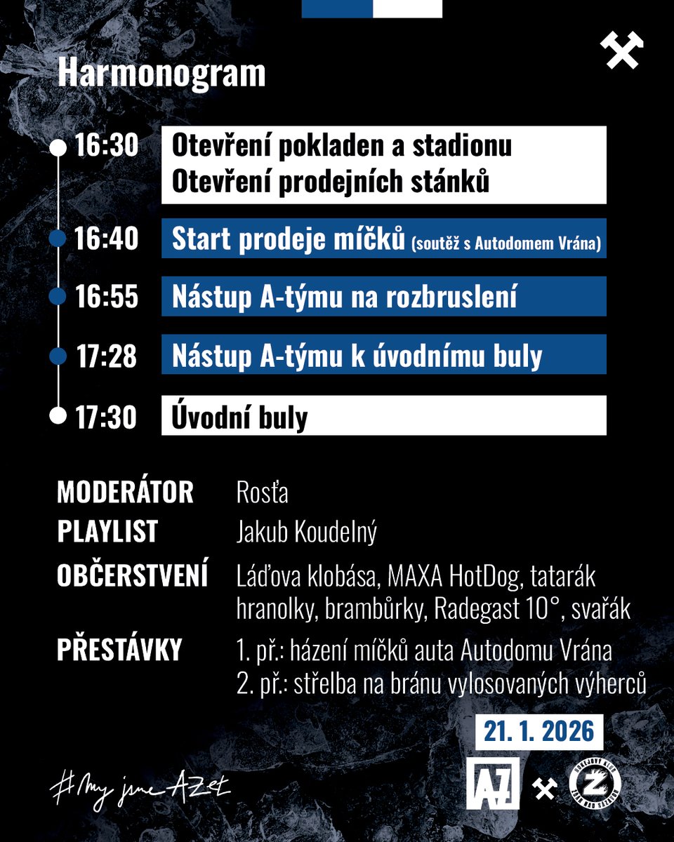 ⚒Během rozbruslení budete moci zhodnotit hudební vkus útočníka Jakuba Koudelného. Přestávkový program dnešního utkání vyplní soutěž s Autodomem Vrána. V bufetech dnes na menu tradičně Láďova klobása, MAXA HotDog nebo tatarák.⚫🔵⚪

🎟️ Prodej vstupenek: cutt.ly/PRODEJ-VSTUPEN…