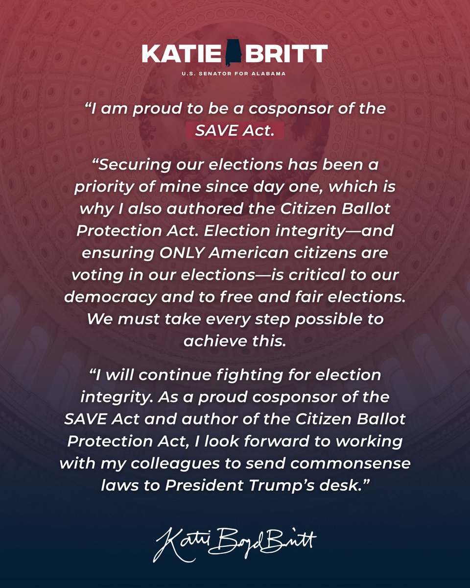SenKatieBritt's tweet image. Proud to be a cosponsor of @SenMikeLee’s SAVE Act. 

Securing our elections has never been more important.