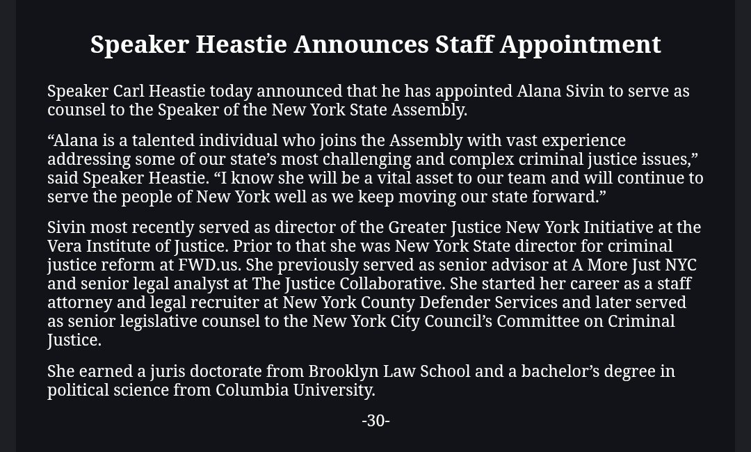 Inbox: Assembly Speaker Carl Heastie announces Alana Sivin as his counsel. She's well known in the criminal justice reform world and is coming most recently from the Vera Institute