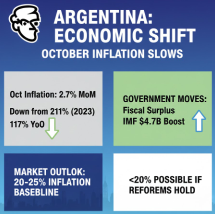 22Bepositive's tweet photo. Oct inflation slowed to 2.7% MoM (117% YoY), down sharply from 2023’s 211%
Milei’s fiscal surplus + IMF’s $4.7B boost reserves Markets price 20 to 25% inflation baseline, with <20% possible if reforms hold https://t.co/2FBjJFemVP