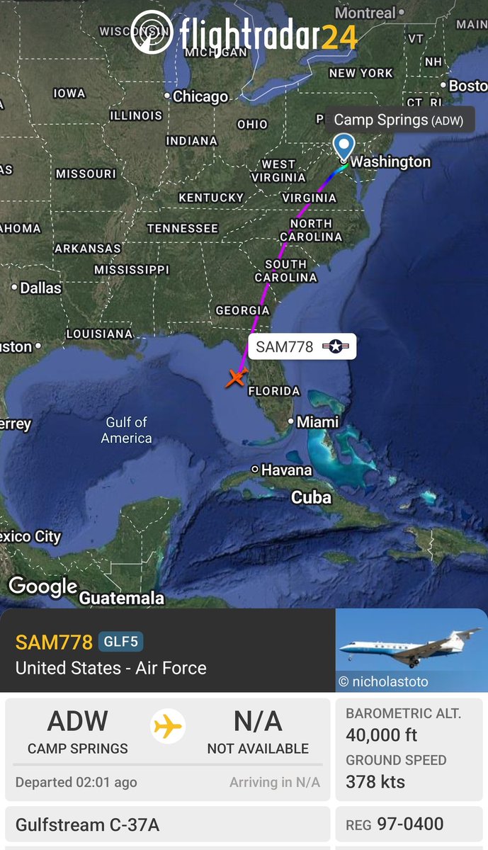 sipjack1776's tweet photo. USAF C-37A ๐บ๐ฒ
#AE010D/97-0400/SAM778
Tracking SW over the Gulf of America out of JBA.
@Borrowed7Time https://t.co/0Lfa6uHWRU