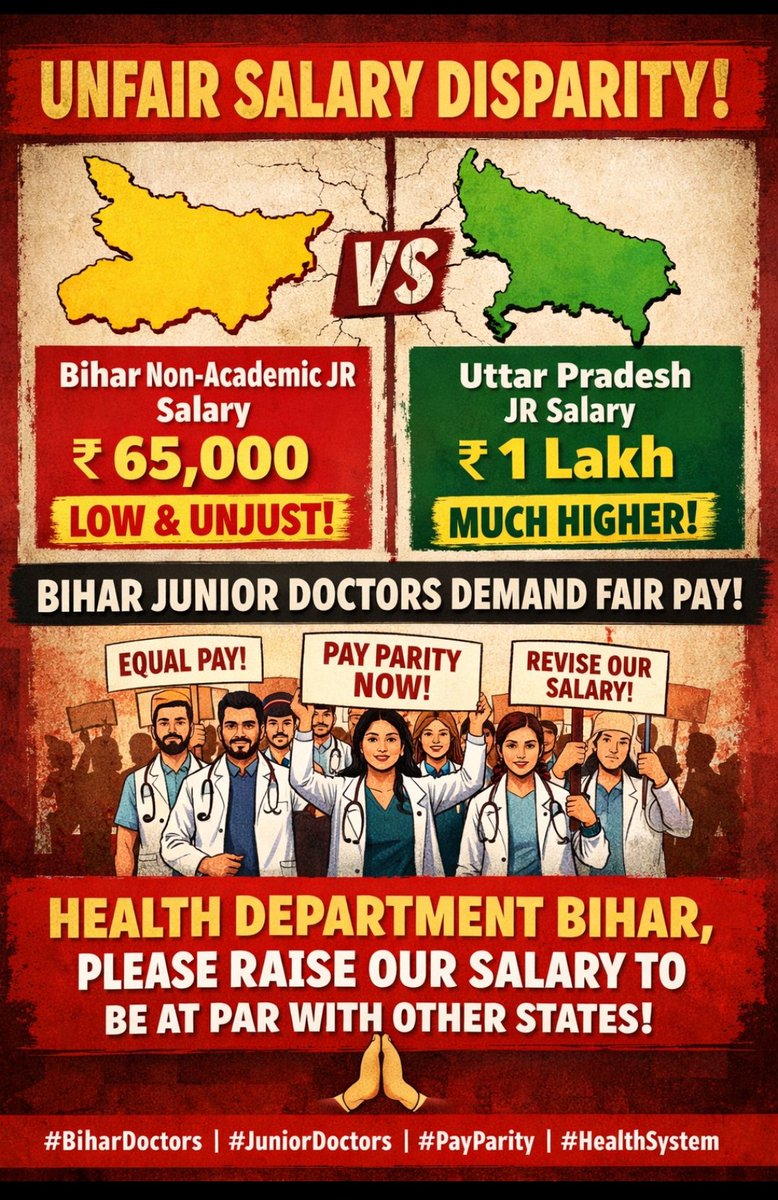 medicopenia_155's tweet photo. Bihar non-academic JR salary ₹65,000 while in Uttar Pradesh it is ₹1 lakh.
This disparity is unfair and demoralising.
Health Department Bihar, please revise and raise junior doctors’ salary at par with other states. 🙏
#BiharDoctors #JuniorDoctors #PayParity #HealthSystem https://t.co/g5CYBOv1Zs