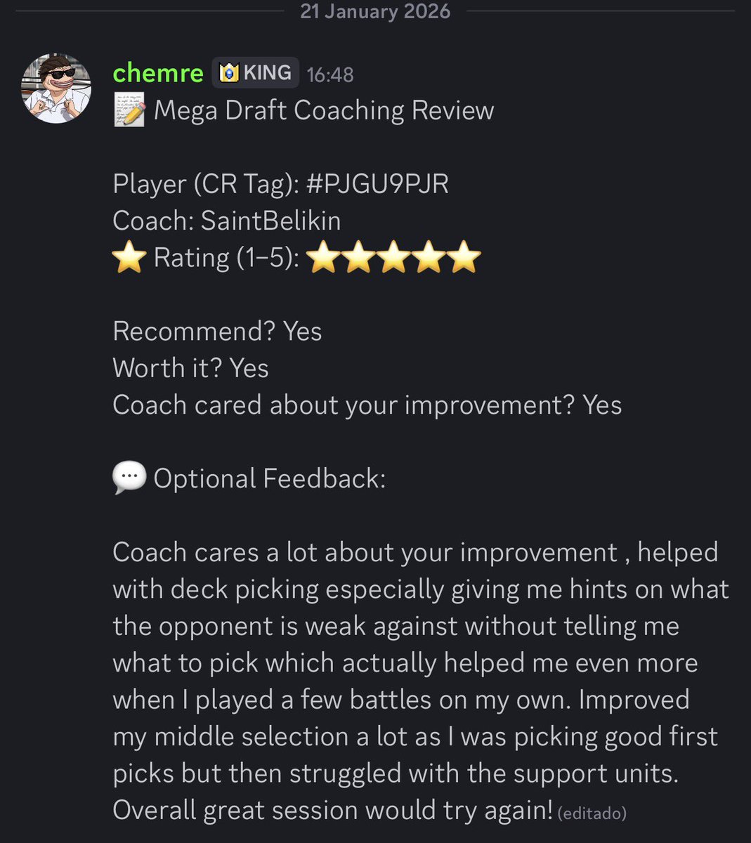 With the new competitive Mega Draft mode live, coaching isn’t just about ladder.

We also offer dedicated Mega Draft coaching, already with 5/5 feedback from our first session. 🙌🏻❤️

#ClashRoyale #RoyaleAcademy