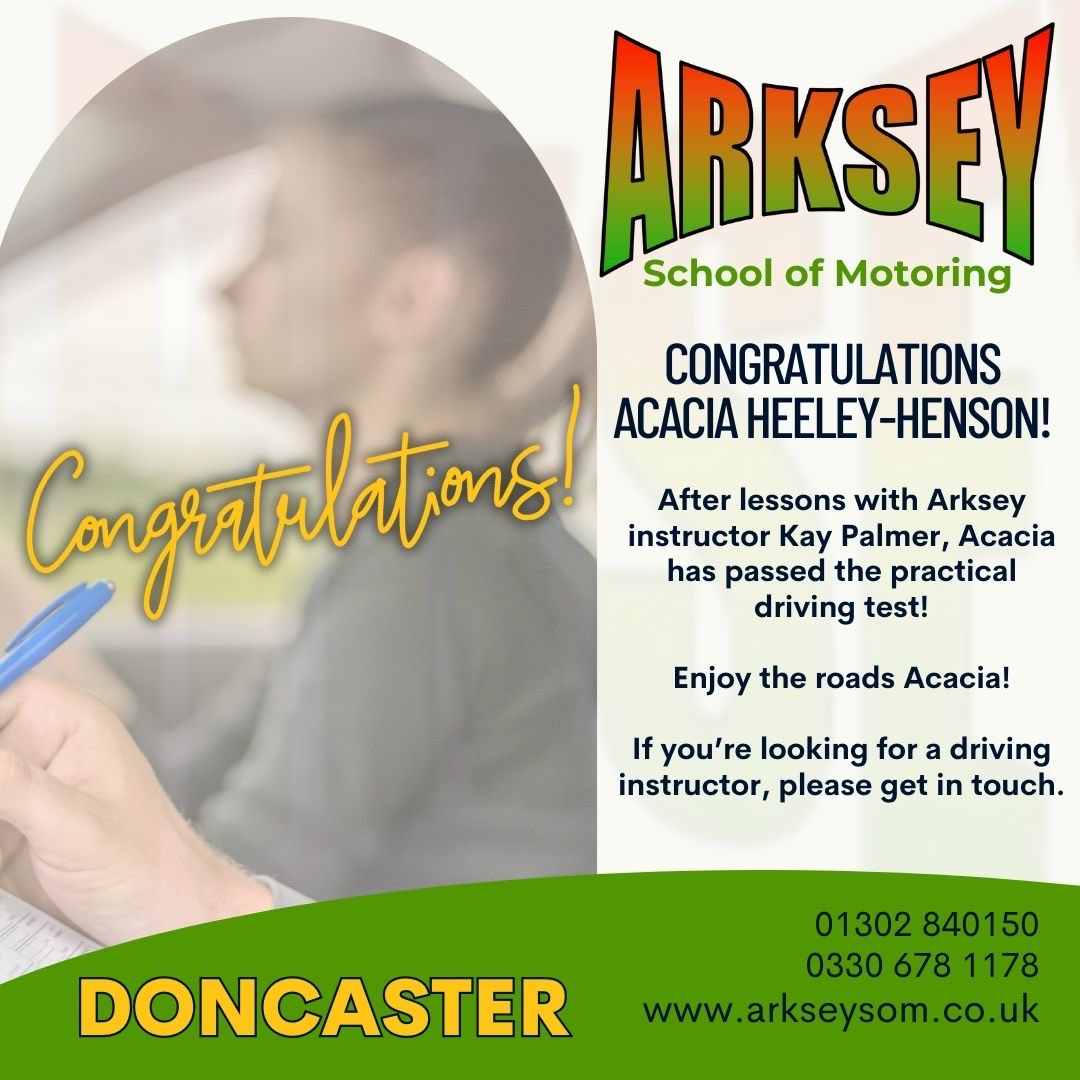 🚗🎉 Congratulations Acacia Heeley-Henson! 🎉🚗

After lessons with Arksey instructor Kay Palmer, Acacia has successfully passed her practical driving test 👏

We offer manual and automatic lessons in Doncaster, Scunthorpe, Rotherham, Barnsley, and all surrounding areas.