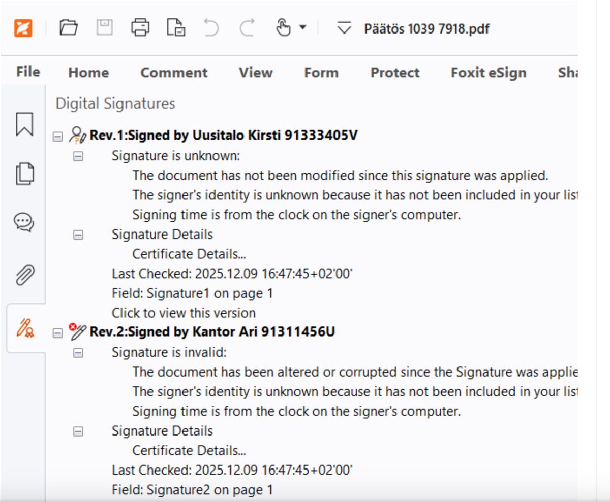 MikaVauhkala's tweet image. Supreme Court Justice Ari Kantor: "The document has been altered or corrupted since the Signature was applied"
