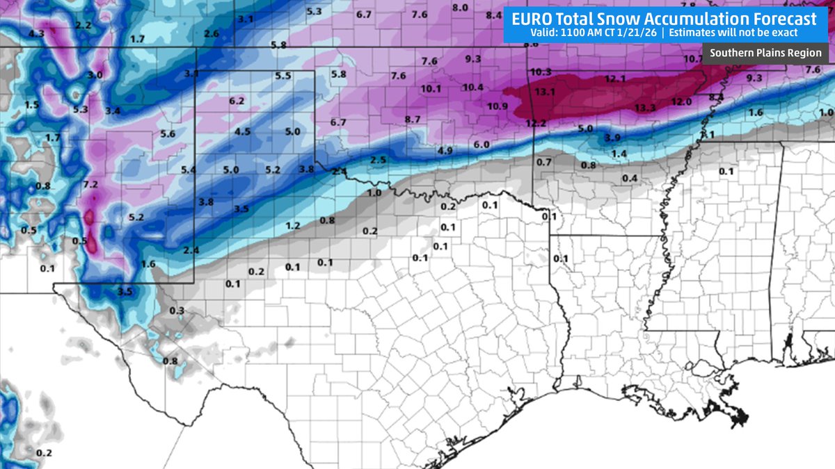 WWSUSA's tweet photo. #winterstormupdate #wxtwitter
While it is too early to give exact amounts of snow, rain, sleet, etc, here is the current guidance of snow accumulations from Friday until Monday from the GFS (American Model) and the European Model. Do not take these accumulations as exact, they will almost certainly change. When we get further in the week; we'll have a better idea as to the expected accumulations and primary precipitation types in certain areas. **These maps only project snow accumulations, not freezing rain or sleet.**