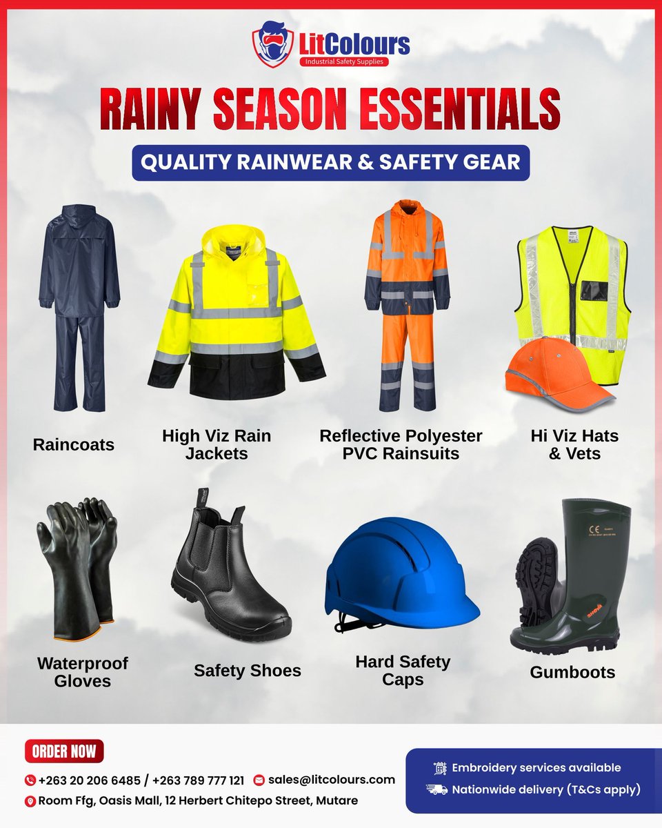 Gear up for the rainy season with durable, affordable safety wear from LitColours.

For prices, check our catalogue: wa.me/c/263789777121

Call/WhatsApp: +263 789 777 121 
📍 Room FFG, Oasis Mall, 12 Herbert Chitepo Street, Mutare