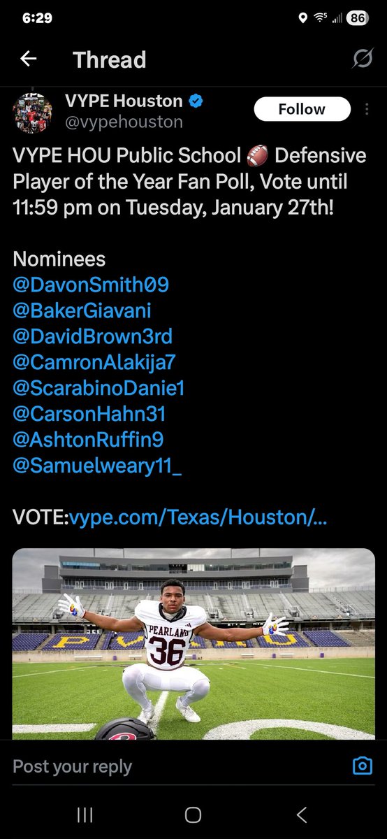 Please help my son win Houston's High School Defensive Player of the Year..
An award well earned and deserved.
Every vote counts. Voting ends on January 27th...
<a href="/ScarabinoDanie1/">Daniel Scarabino 2026</a> <a href="/cincofb/">Cinco Ranch Football</a> <a href="/CRFB_Recruiting/">CRHS Football Recruiting</a>