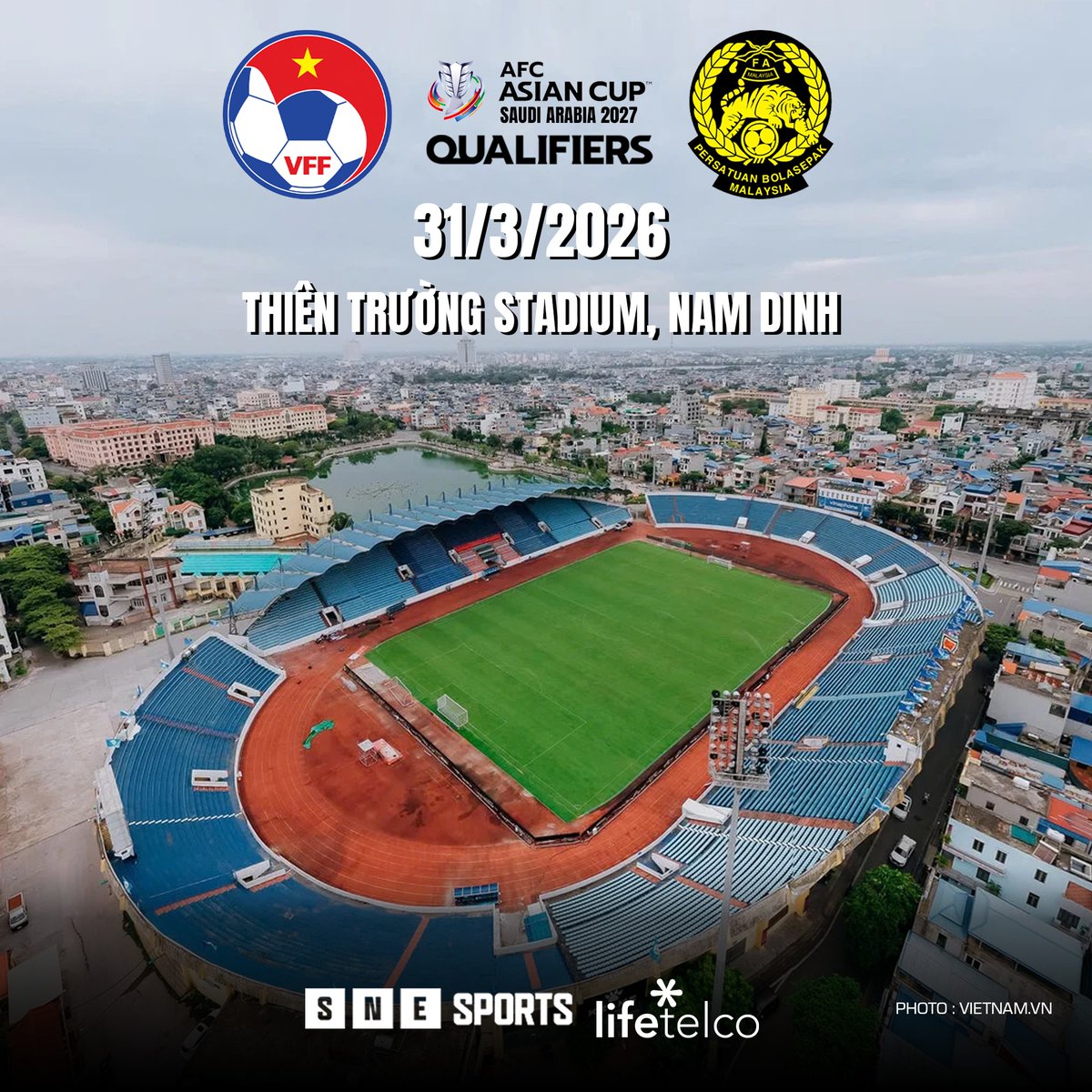 SNE_Sports's tweet photo. 🏟️ Thiên Trường Stadium, Ninh Binh will be the venue for the AFC Asian Cup 2027 Qualifiers Round 3 Group F match between Vietnam and Malaysia on 31/3/2026.

📷 : Vietnam VN

#ACQ2027 #VIEvMAS #Vietnam #Malaysia
#SNESports
#LifeTelco https://t.co/hnPmbpsdkQ