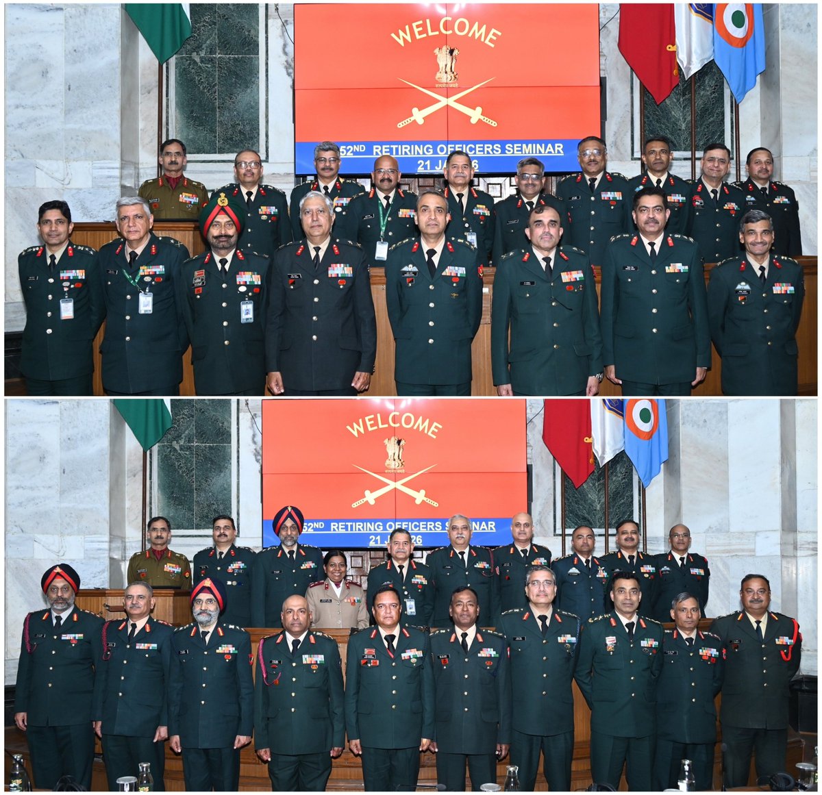 adgpi's tweet photo. Honouring a Lifetime of Service to the Nation.

#GeneralUpendraDwivedi, #COAS interacted with the Officers superannuating on 31 January 2026 during the Retiring Officers' Seminar #ROS. #COAS commended the Officers for their selfless service to the Nation & the organisation and reaffirmed his faith that they will continue to play a positive role in nation-building. 

#IndianArmy 
#YearofTechAbsorption 
#DecadeofTransformation 
@DefenceMinIndia
@SpokespersonMoD
@HQ_IDS_India
@DIAV20
