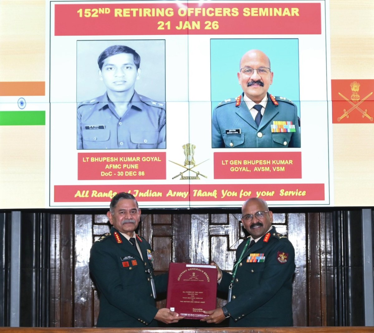 adgpi's tweet photo. Honouring a Lifetime of Service to the Nation.

#GeneralUpendraDwivedi, #COAS interacted with the Officers superannuating on 31 January 2026 during the Retiring Officers' Seminar #ROS. #COAS commended the Officers for their selfless service to the Nation & the organisation and reaffirmed his faith that they will continue to play a positive role in nation-building. 

#IndianArmy 
#YearofTechAbsorption 
#DecadeofTransformation 
@DefenceMinIndia
@SpokespersonMoD
@HQ_IDS_India
@DIAV20