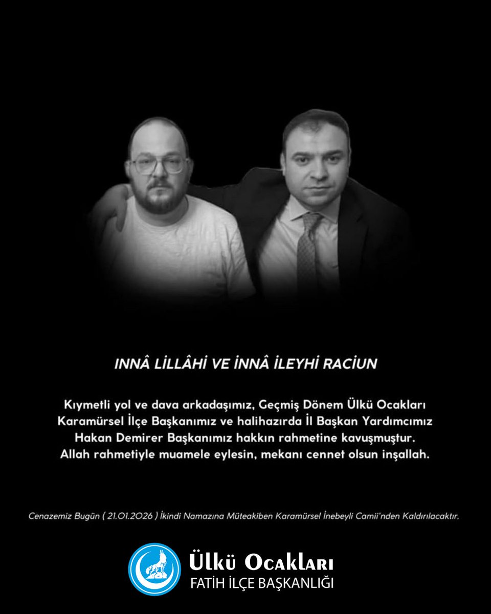 İNNA LİLLÂHİ VE İNNÂ İLEYHİ RACİUN

Kıymetli yol ve dava arkadaşımız, Geçmiş Dönem Ülkü Ocakları Karamürsel İlçe Başkanımız ve halihazırda İl Başkan Yardımcımız Hakan Demirer Başkanımız hakkın rahmetine kavuşmuştur. Allah rahmetiyle muamele eylesin, mekanı cennet olsun inşallah.