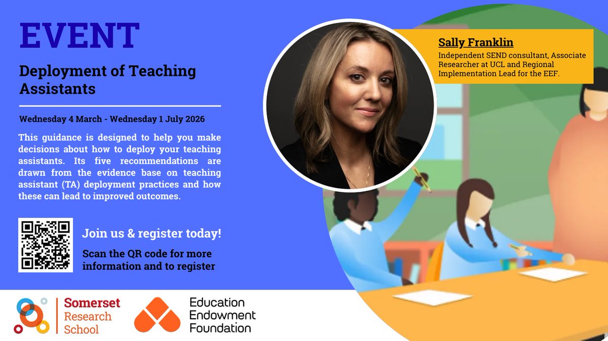 SomResearchSch's tweet photo. 🌱Book a place this Spring on our 3-day programme exploring the EEF's updated guidance and discover how to maximise the impact of your ta's.

🌷Suitable for: Headteachers, Senior Leaders, T&amp;L Leads, SENDCOs and HLTAs

🔗Find out more and register here: 
https://t.co/XgcBZNA9tZ https://t.co/5JuvJ06unK